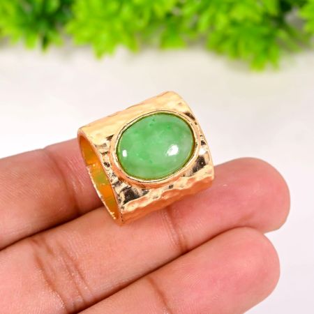 Handmade Brass Hammered Ring with Green Jade Gemstone for Women 22k Gold Plated